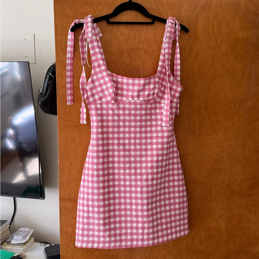 Zara Pink and White Gingham Tie-Shoulder Mini Dress - Picture 1 of 5